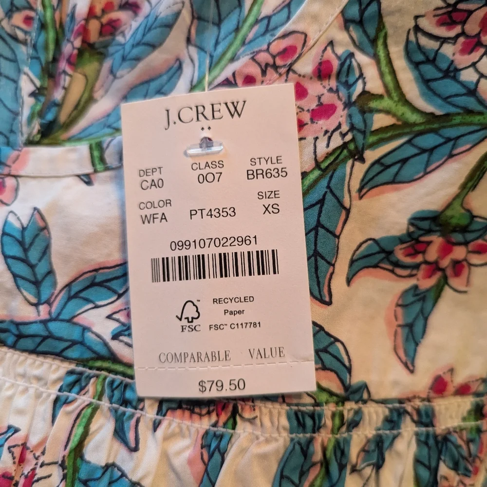 J. Crew Floral Puff Sleeve Top in White and Blue, Size XS